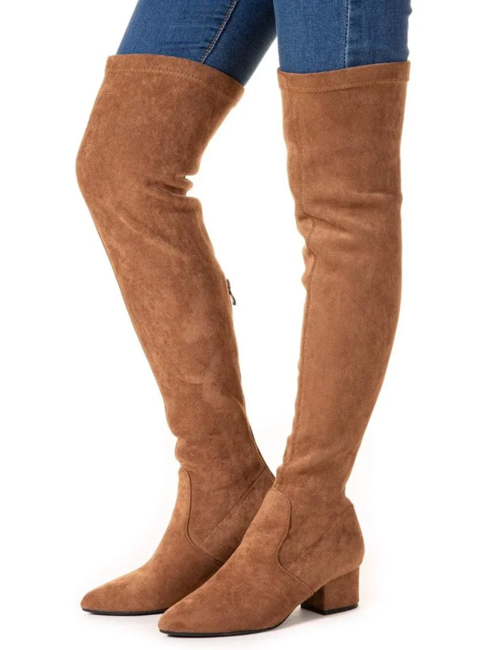 Women's Brown 2 Inch Pointed Toe Chunky Block Heel Over The Knee High Boots